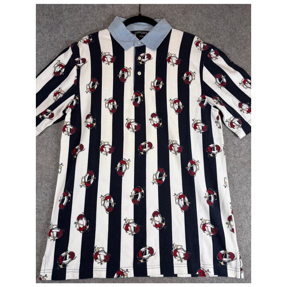 VINTAGE Lands End Polo Shirt Mens Striped Anchors Nautical Allover Print Medium